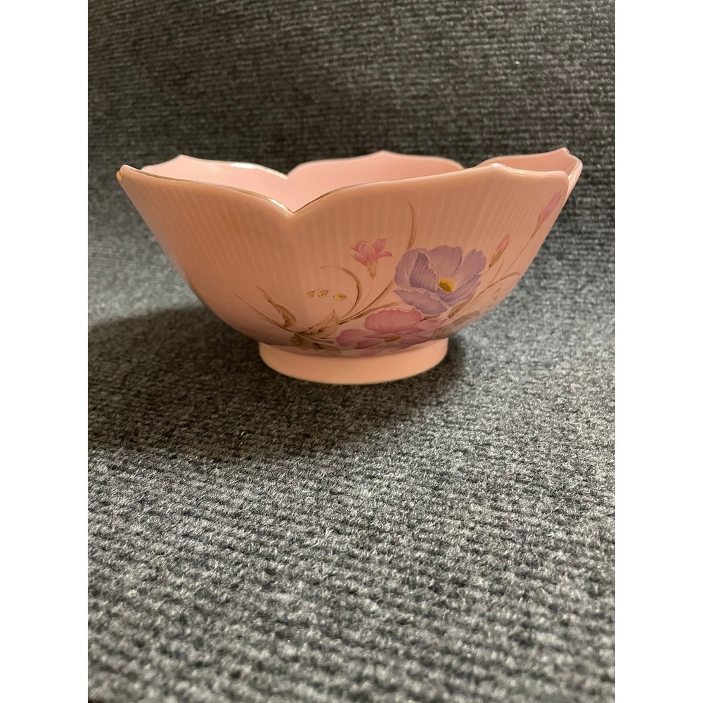 Vintage Pink Porcelain Lotus Bowl Floral Hand Painted Gold Trim Made in Japan